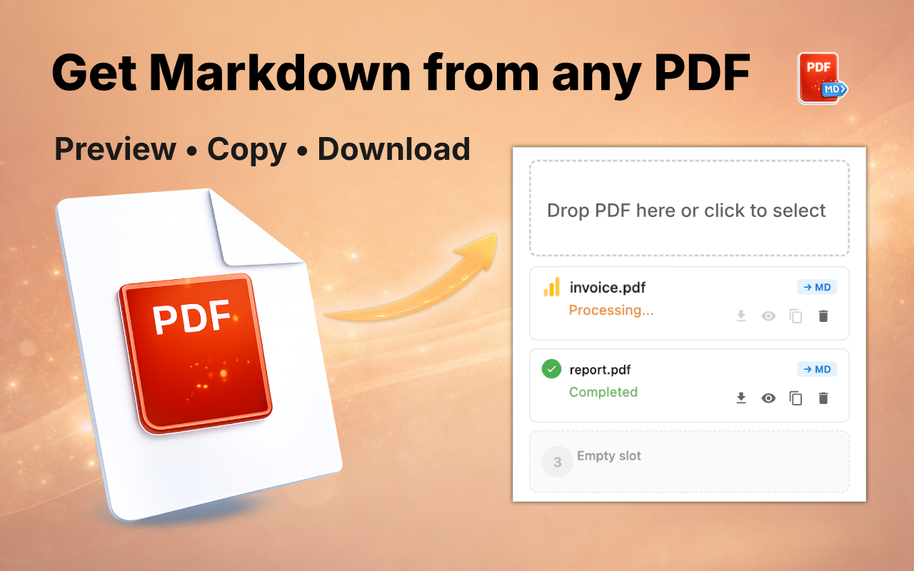 PDF to Markdown Chrome extension converting a PDF document into clean Markdown